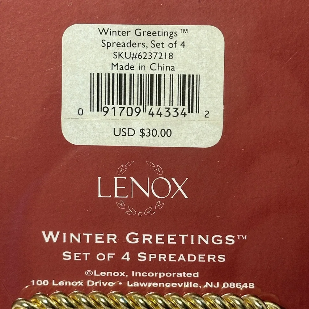 Lenox Winter Greetings Set of 4 Spreaders Stainless‎ Steel Bone China 6237218